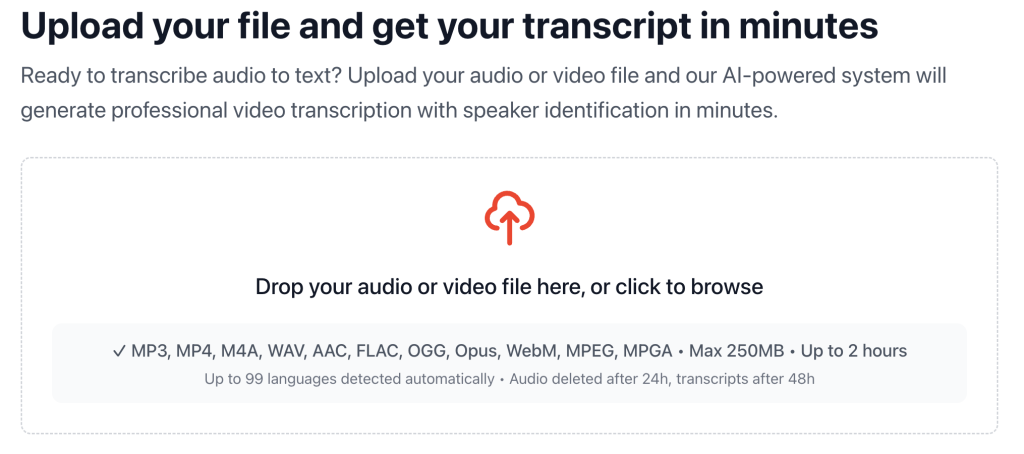 The image shows the upload file section of the brass transcripts transcripts page.
